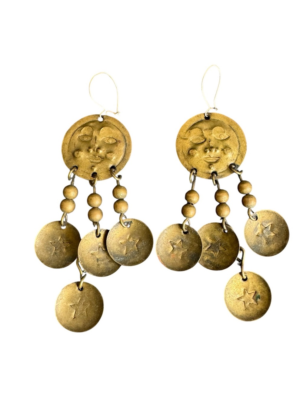 Vintage Celestial Brass Earrings Man In The Moon Stars Sun Face Dangle Drop Boho
